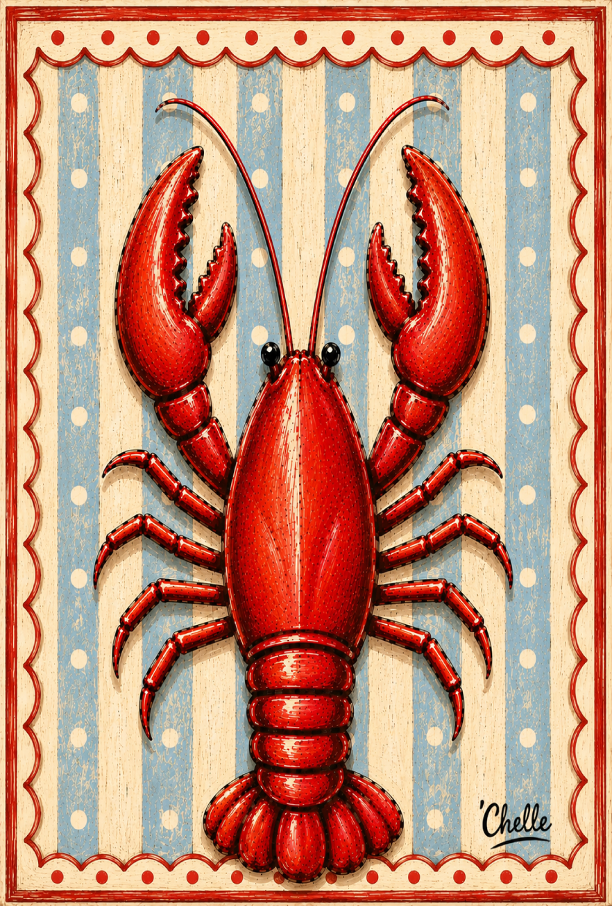 THE HAPPY BUTTERFLY  LIGHT BLUE STIRPES CREAM STRIPES AND RED CRAWFISH