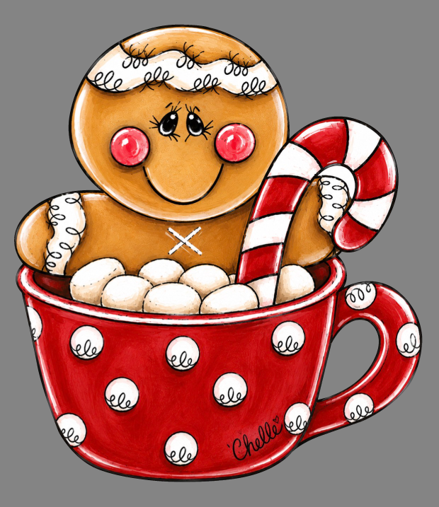 THE HAPPY BUTTERFLY GINGERBREAD MAN IN A RED CUP WITH MARSHMALLOWS AND CANDYCANE