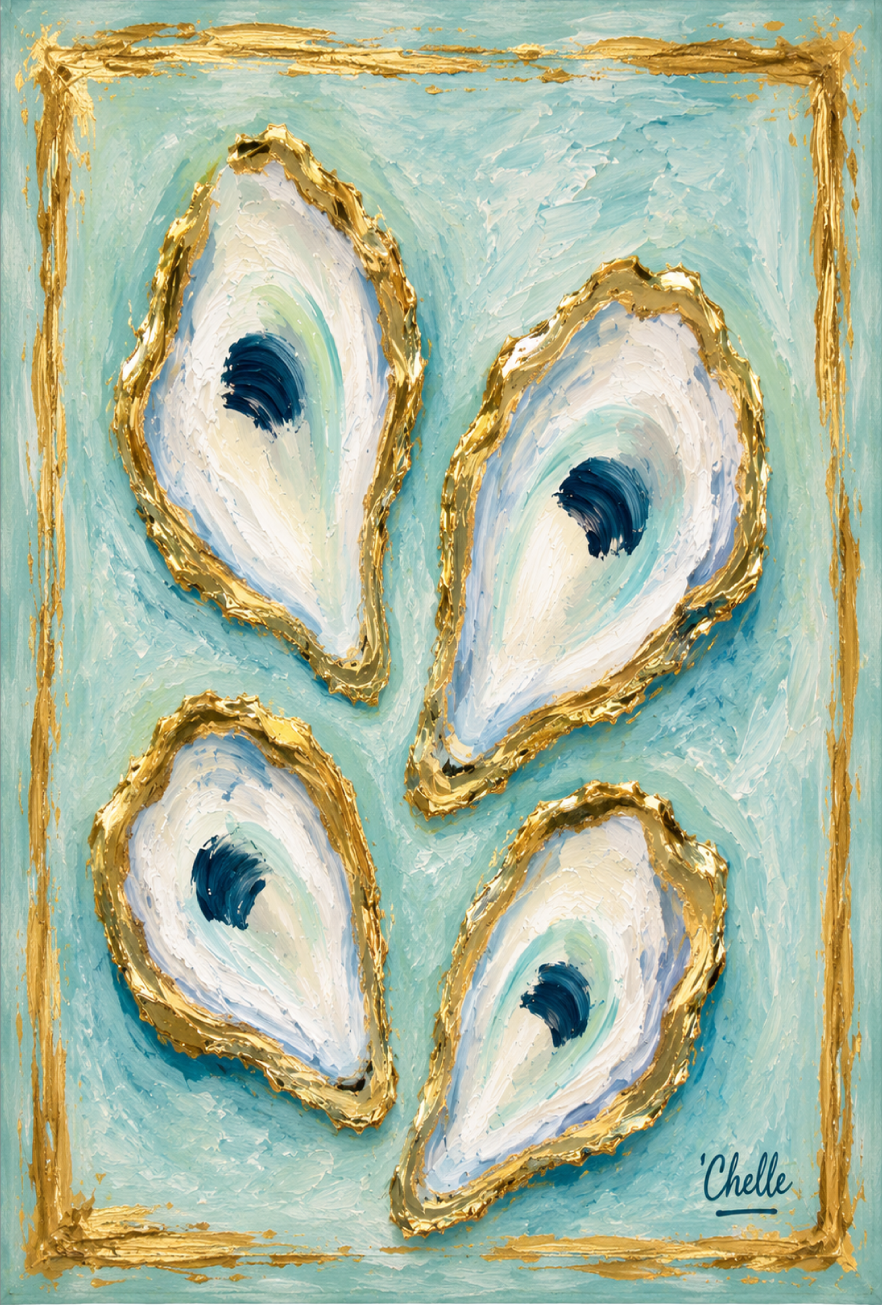 THE HAPPY BUTTERFLY TEAL AND GOLD  BACKGROUND WITH 4 OYSTERS