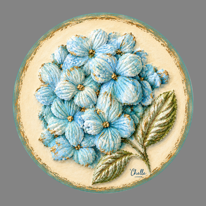 THE HAPPY BUTTERFLY BLUE HYDRANGEA'S WITH CREAM BACKGROUND