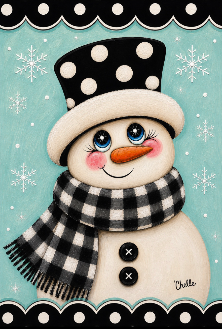 THE HAPPY BUTTERFLY TEAL BLACK AND WHITE BACKGROUND SNOWMAN BLACK AND WHITE HAT AND SCARF