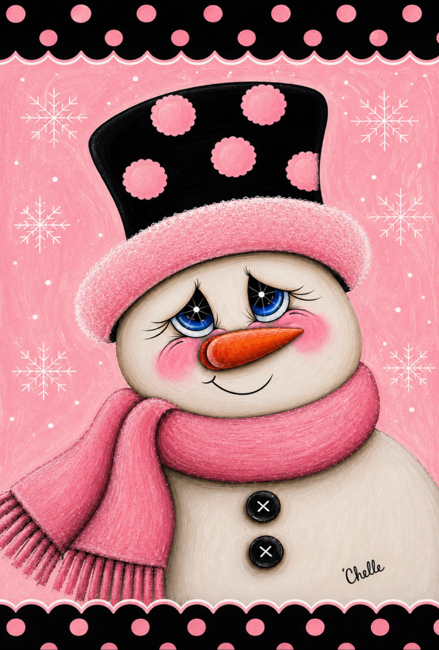 THE HAPPY BUTTERFLY PINK AND BLACK BACKGROUND SNOWMAN BLACK  PINK HAT AND PINK SCARF
