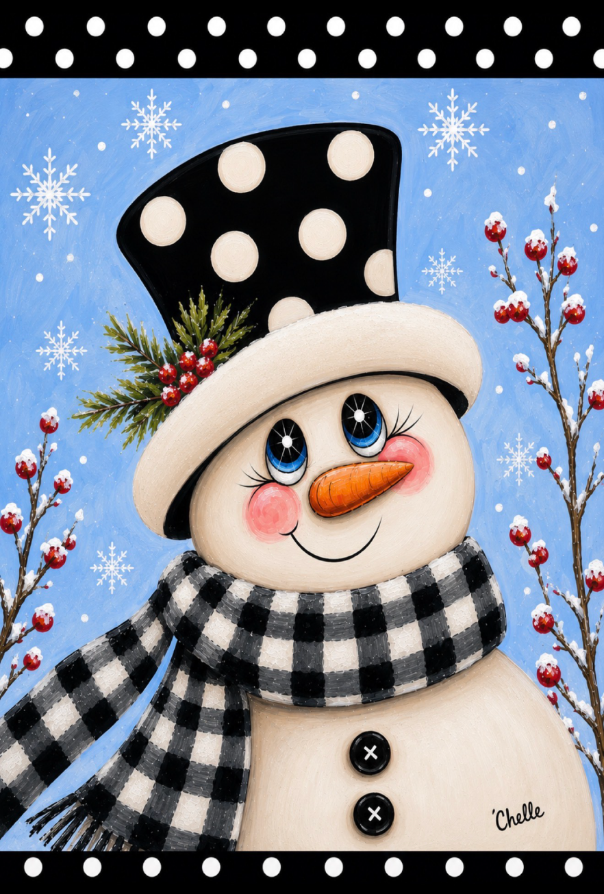 THE HAPPY BUTTERFLY BLUE BACKGROUND WITH SNOWFLAKES BLACK AND WHITE HAT AND SCARF MISTLETOE BERRIES