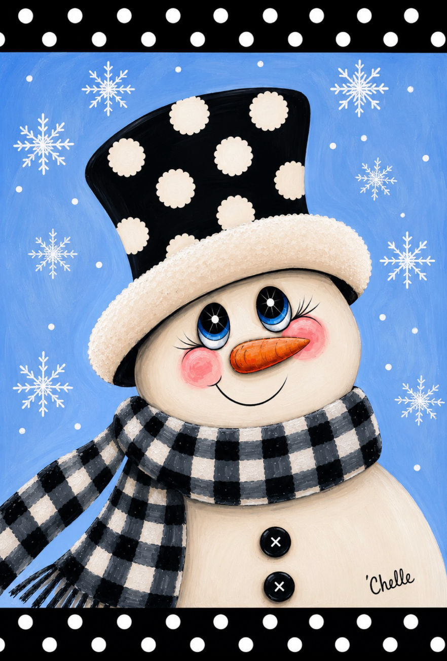 THE HAPPY BUTTERFLY BLUE BACKGROUND WITH SNOWFLAKES BLACK AND WHITE HAT AND SCARF