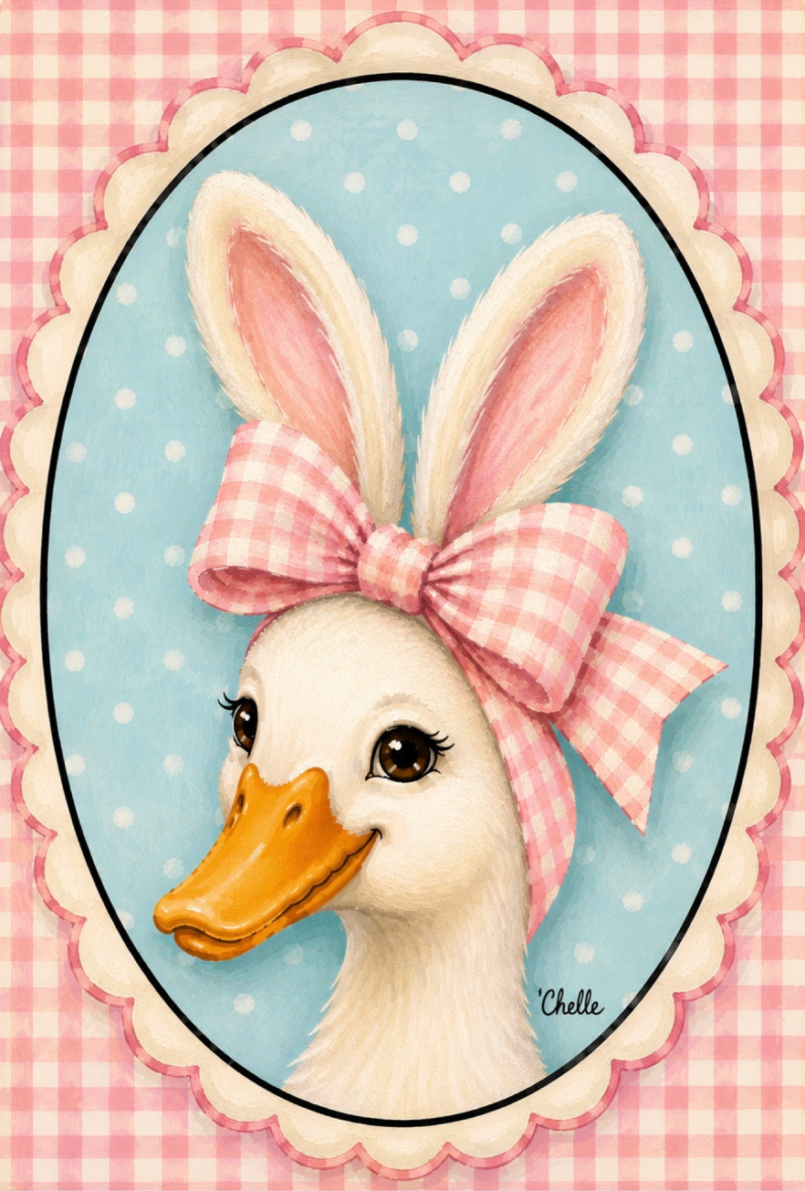 THE HAPPY BUTTERFLY PINK AND WHITE BACKGROUND GOOSE WITH PINK AND WHITE BOW