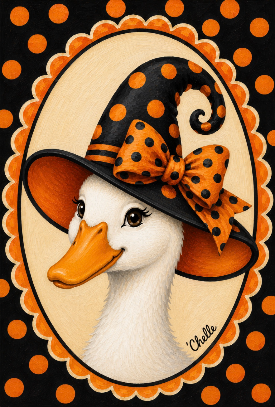 THE HAPPY BUTTERFLY BLACK AND ORANGE WITCHES HAT ON A GOOSE