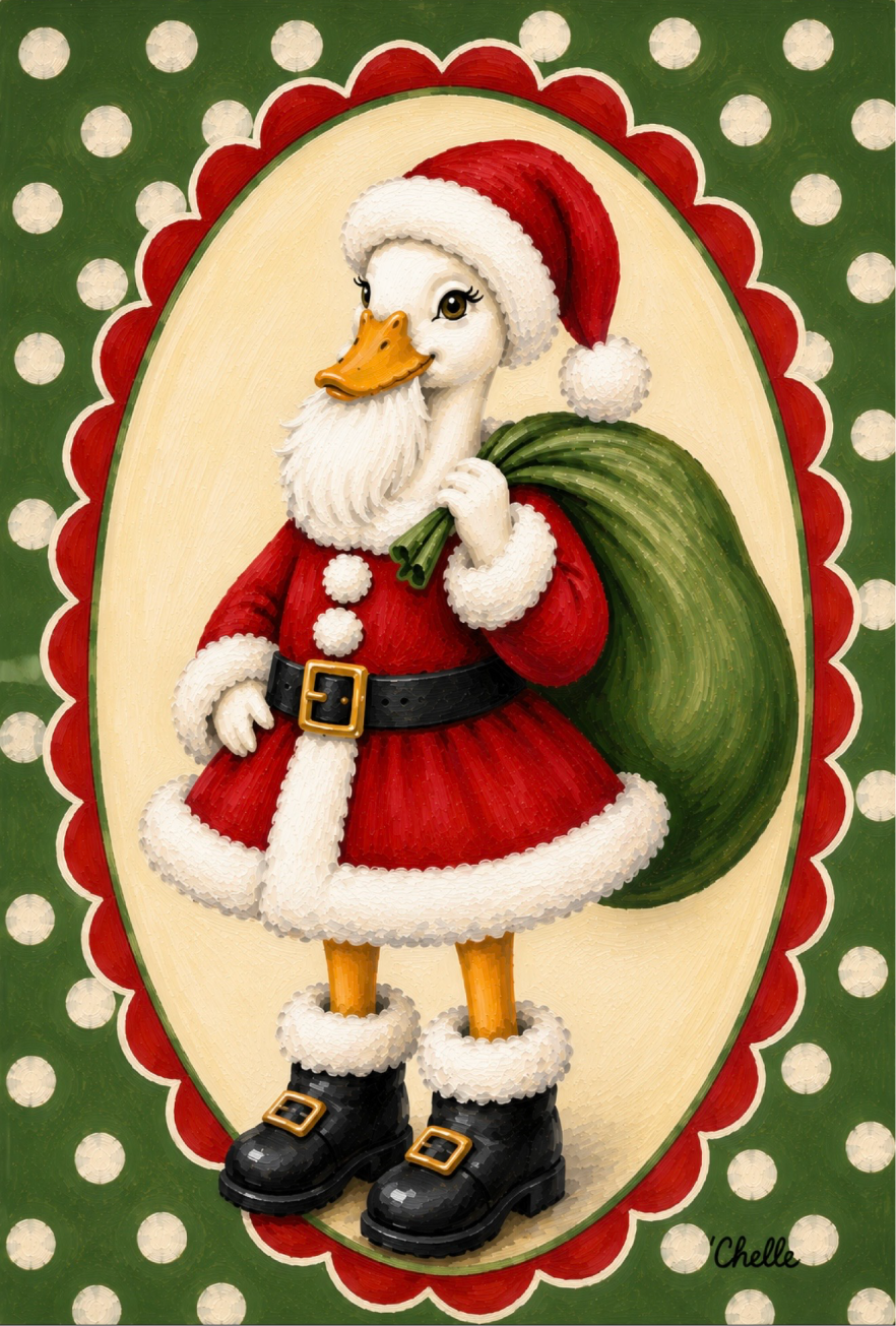 THE HAPPY BUTTERFLY GOOSE IN A SANTA OUTFIT WITH GREEN BAG GREEN WITH WHITE DOTS FOR BACKGROUND