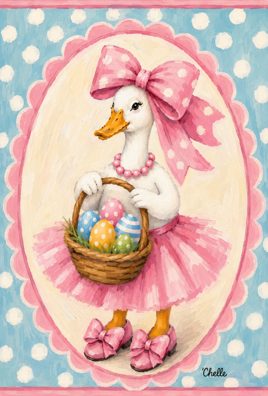 THE HAPPY BUTTERFLY GOOSE IN A PINK DRESS PINK AND WHITE BOW HOLDING A BASKET OF EASTER EGGS