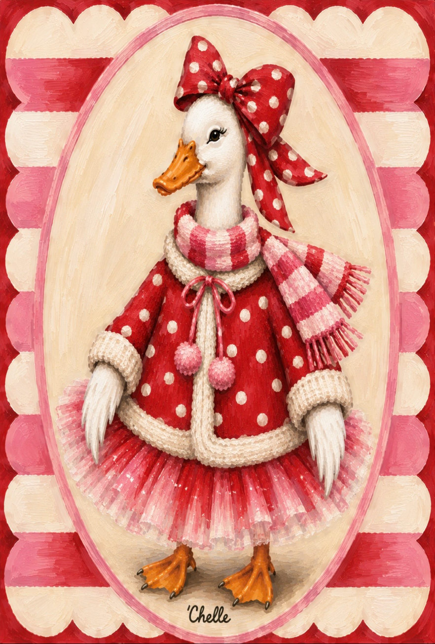 THE HAPPY BUTTERFLY GOOSE IN A PINK DRESS RED WITH WHITE DOT SWEATER AND BOW
