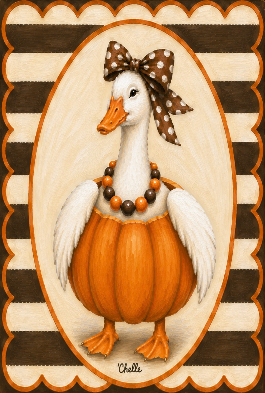 THE HAPPY BUTTERFLY GOOSE IN A PUMPKIN WITH BROWN WITH WHITE DOTS BOW