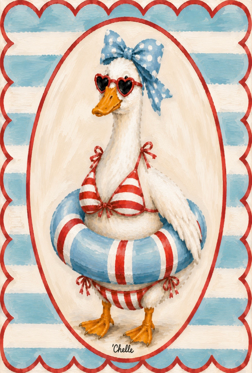 THE HAPPY BUTTERFLY GOOSE IN A RED AND WHITE BIKINI WITH BLUE RED WHITE INNER TUBE