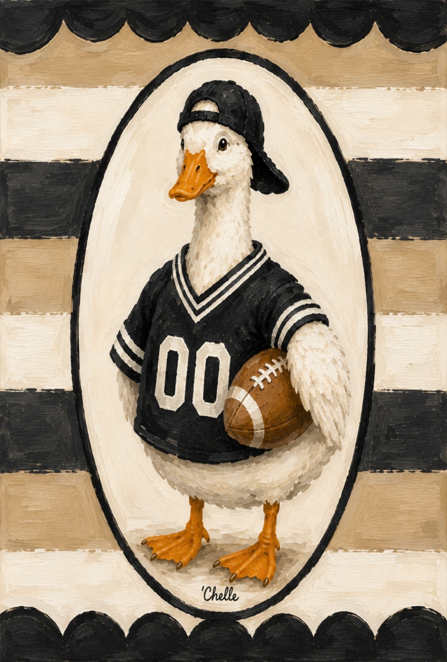 THE HAPPY BUTTERFLY GOOSE WITH BLACK FOOTBALL JERSEY 00 BLACK HAT AND FOOTBALL  BLACK TAN WHITE