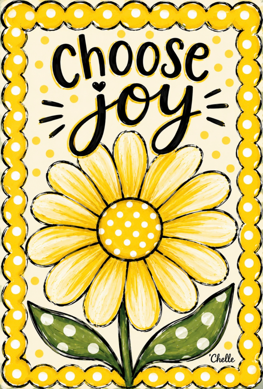 THE HAPPY BUTTERFLY YELLOW WITH YELLOW FLOWER GREEN WITH WHITE DOTS LEAVES CHOOSE JOY
