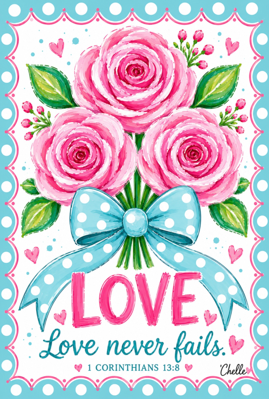 THE HAPPY BUTTERFLY PINK FLOWERS BLUE AND WHTE BOW LOVE NEVER FAILS