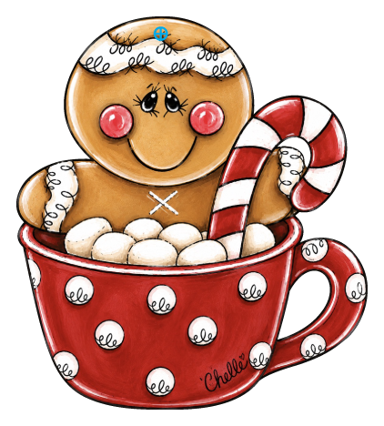 THE HAPPY BUTTERFLY RED CUP WITH WHITE DOTS GINGERBREADMAN  WITH MARSHMELLOWS AND CANDY CANE