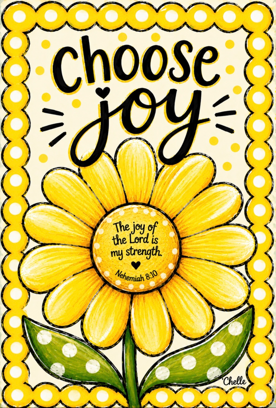 THE HAPPY BUTTERFLY YELLOW WITH YELLOW FLOWER GREEN WITH WHITE DOTS LEAVES CHOOSE JOY  THE JOY OF THE LORD IS MY STRENGTH