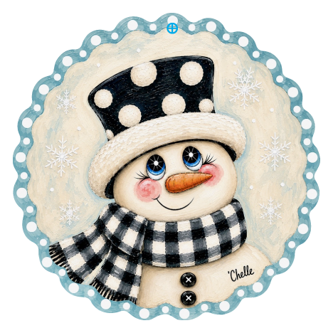 THE HAPPY BUTTERFLY ROUND SNOWMAN WITH BLACK HAT WHITE DOTS WHITE BLACK CHECKERED SCARF