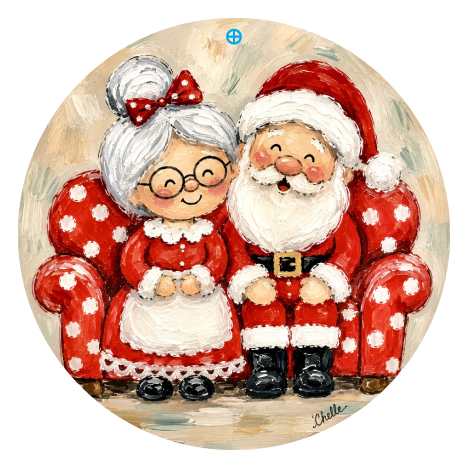 THE HAPPY BUTTERFLY MR AND MRS SANTA CLAUSE IN A RED COUCH WITH WHITE DOTS