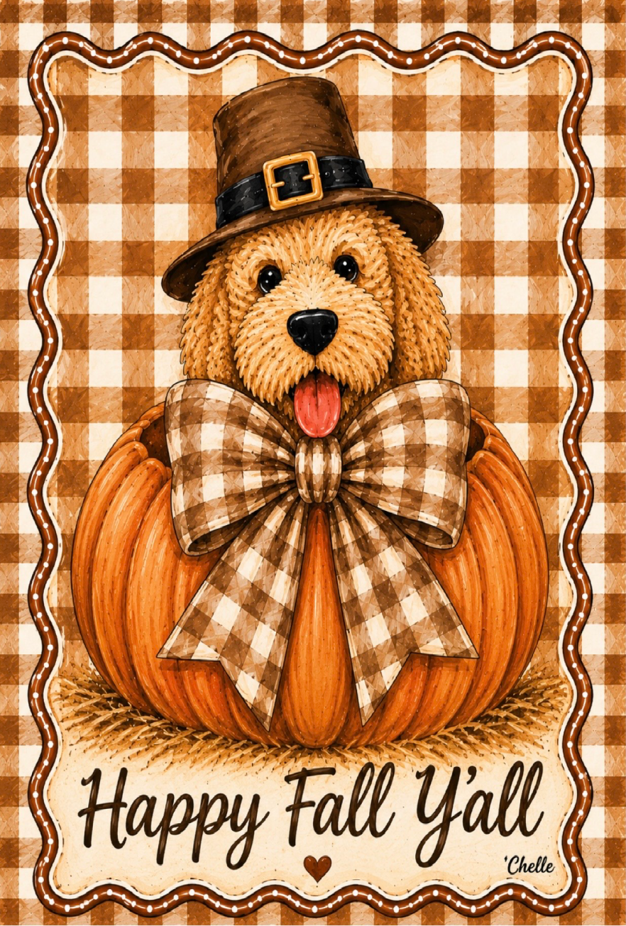 THE HAPPY BUTTERFLY BROWN CREAM COLOR PUMPKIN WITH DOODLE PILGRIAM HAT HAPPY FALL Y'ALL