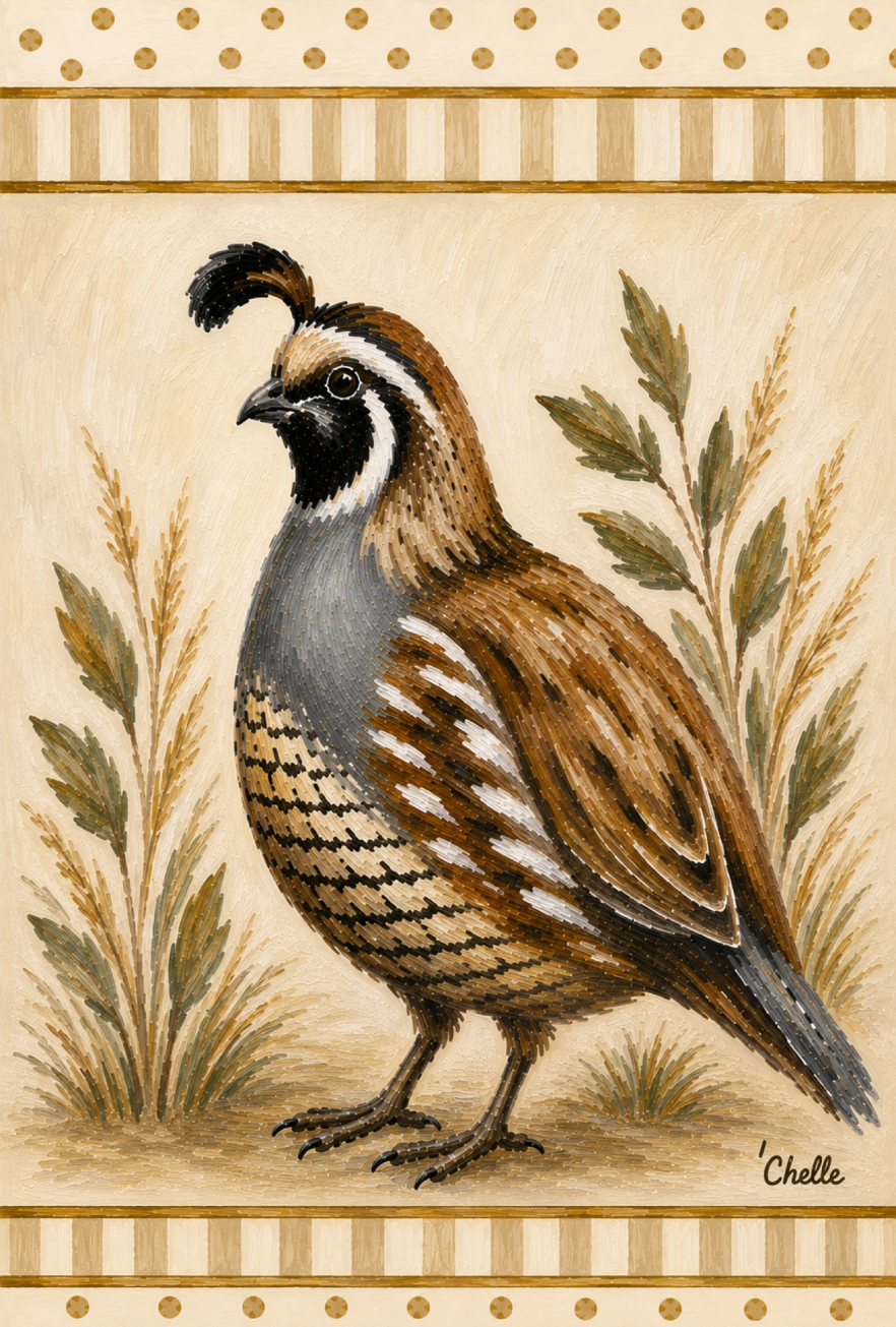 THE HAPPY BUTTERFLY BROWN  BLUE BLACK AND CREAM COLOR QUAIL FACING LEFT