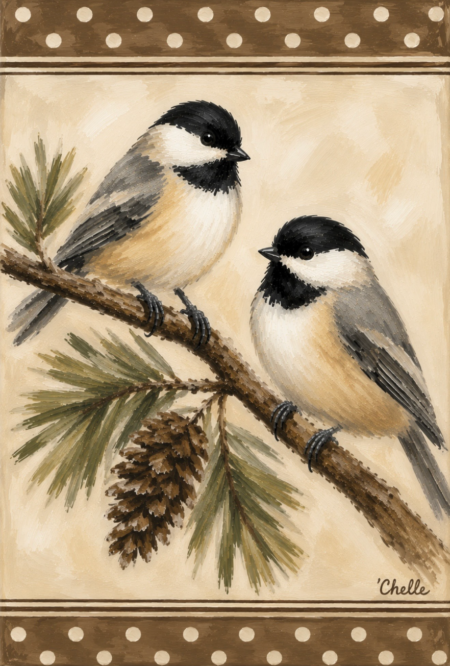 THE HAPPY BUTTERFLY TWO CHICKADEE BIRDS ON A PINE TREE BRANCH