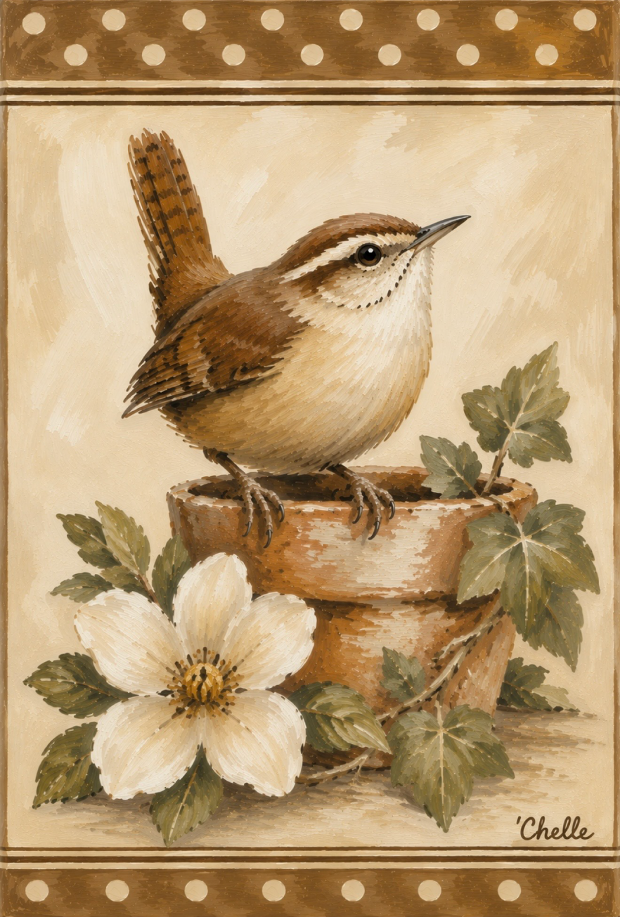 THE HAPPY BUTTERFLY BROWN WITH WHITE DOTS TOP AND BOTTOM WITH BROWN WHITE BIRD SITTING ON FLOWER POT