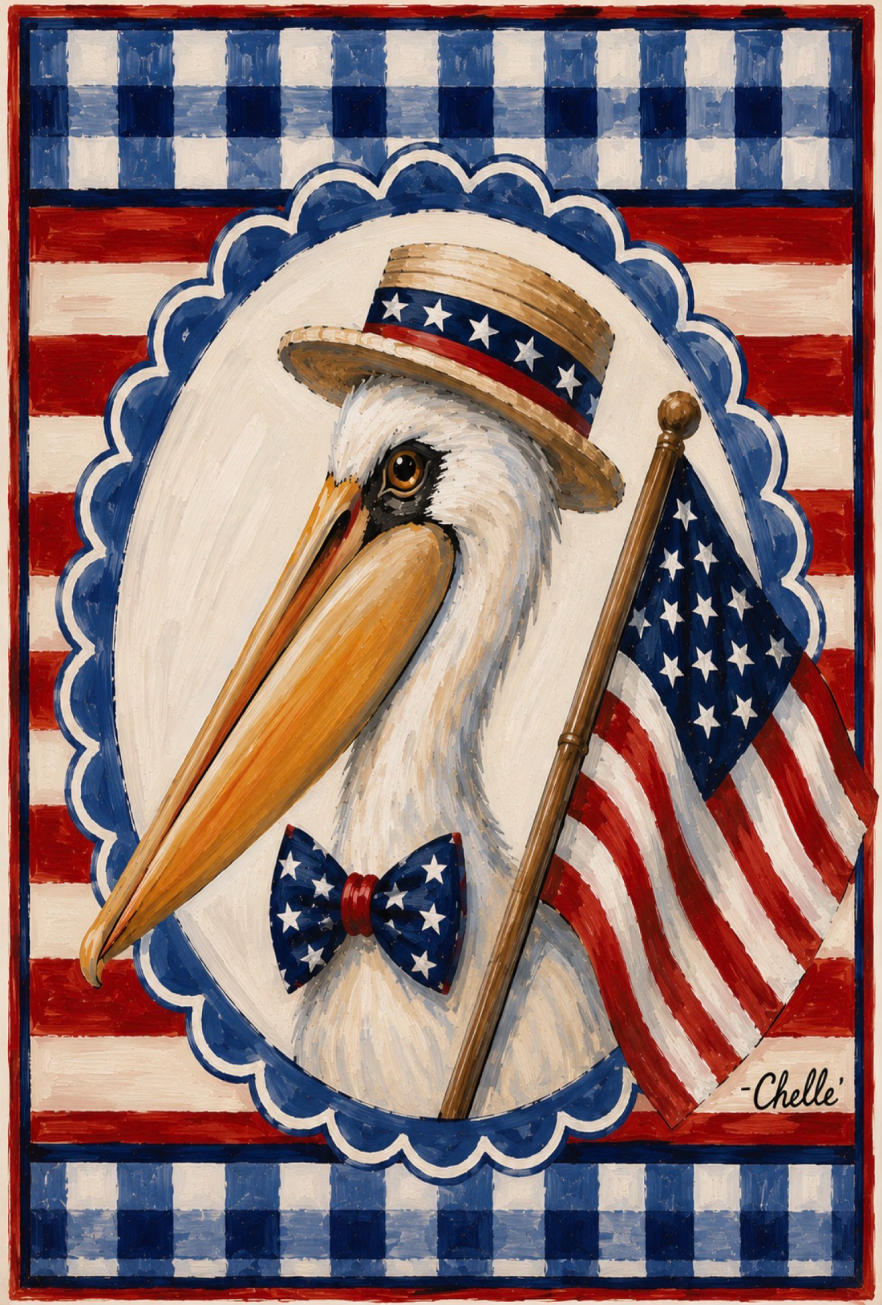 THE HAPPY BUTTERFLY PEICAN  WITH PATRIOTIC COLORS AND FLAG
