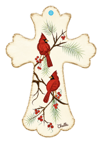 THE HAPPY BUTTERFLY WHITE CROSS TWO RED CARDINALS ON BRANCHES