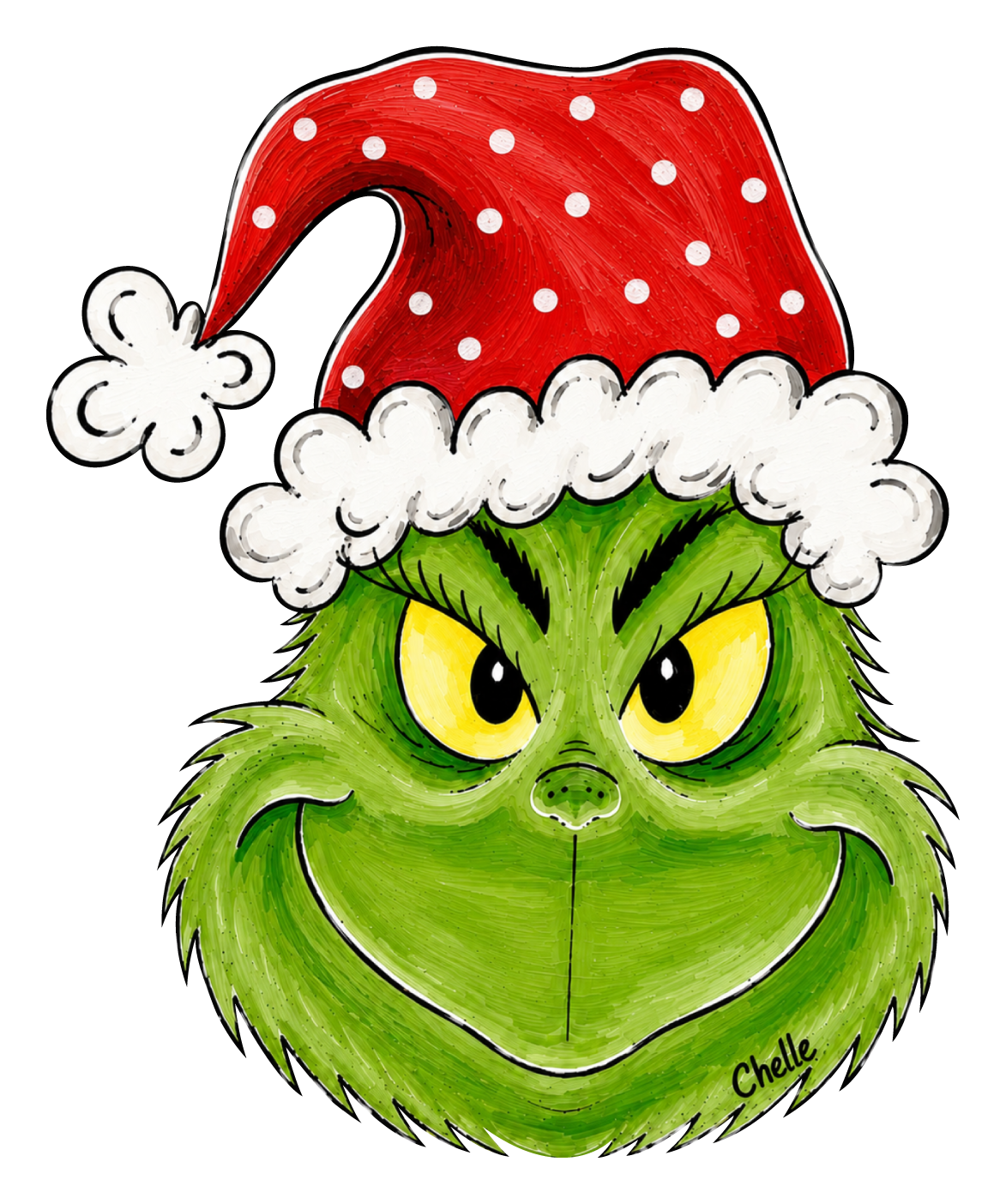 THE HAPPY BUTTERFLY GRINCH WITH RED HAT AND WHITE DOTS