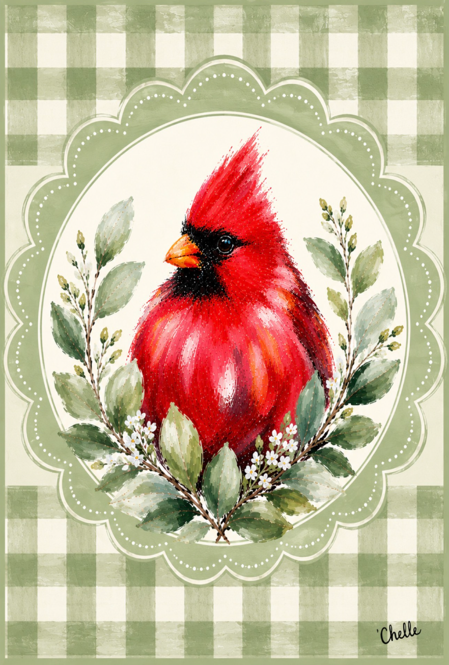 THE HAPPY BUTTERFLY RED CARDINAL WITH GREEN WHITE CHECKERED