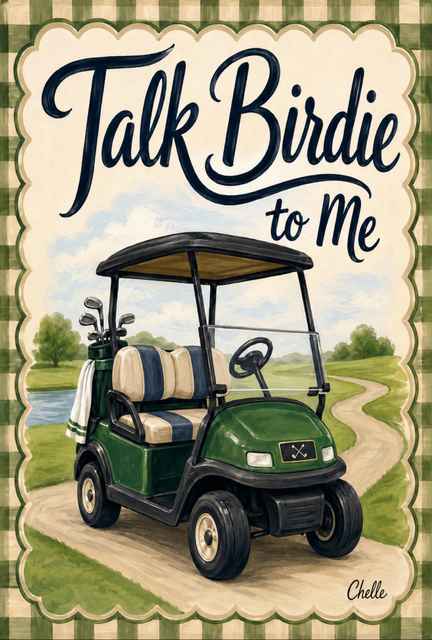 THE HAPPY BUTTERFLY TALK BIRDIE TO ME GREEN GOLF CART BLUE WHITE SEATS