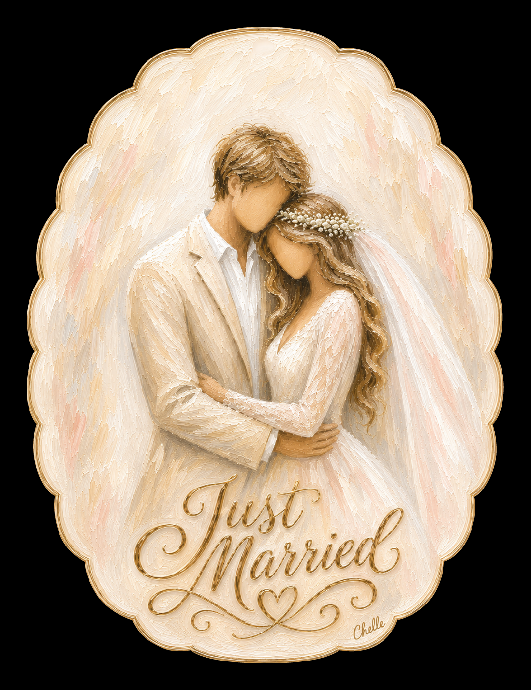 THE HAPPY BUTTERFLY TAN OVAL MAN AND WOMAN JUST MARRIED