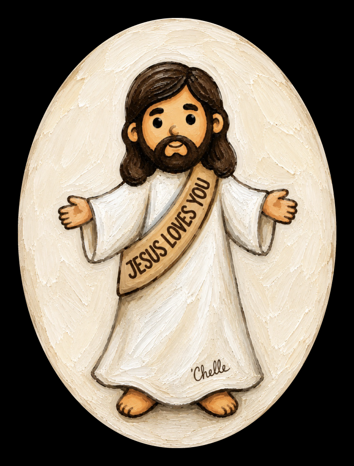 THE HAPPY BUTTERFLY TAN OVAL WITH MAN IN WHITE ROBE JESUS LOVES YOU