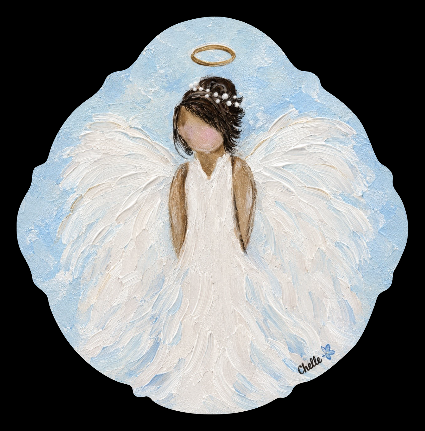 THE HAPPY BUTTERFLY BLUE BACKGROUND ANGEL WITH BROWN HAIR