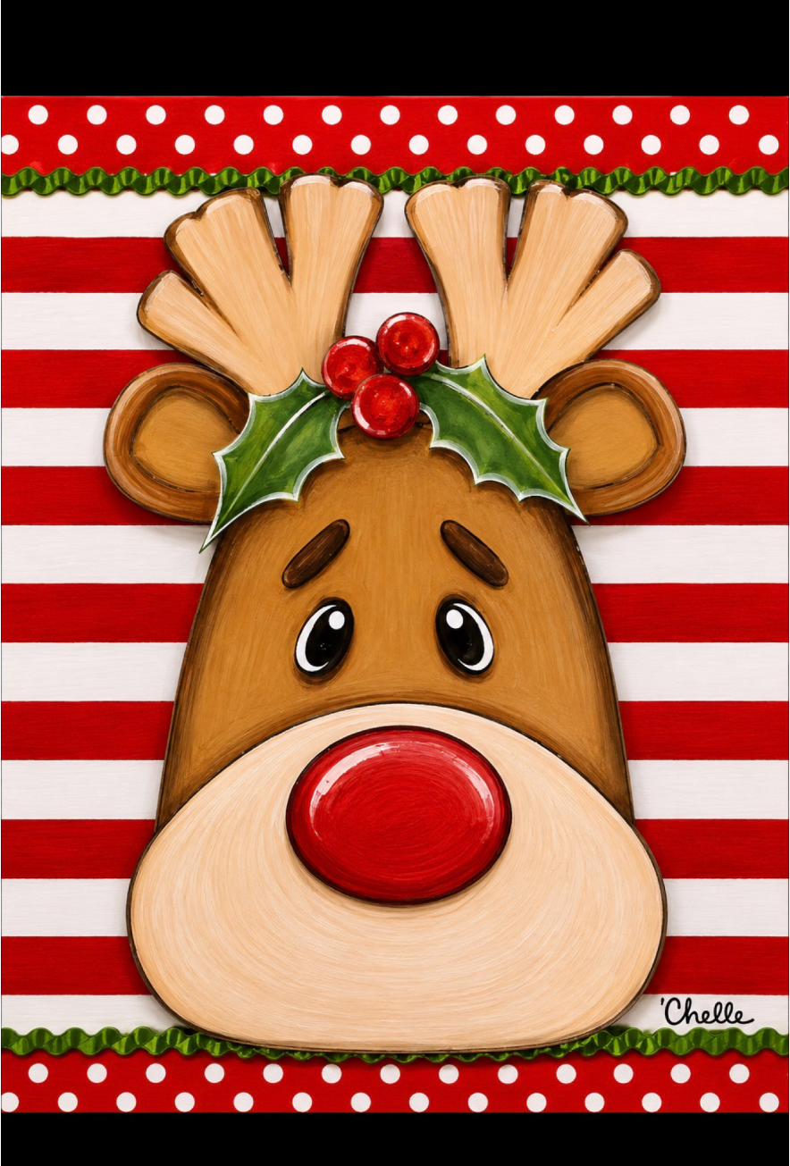 THE HAPPY BUTTERFLY REINDEER WITH RED NOSE RED AND WHITE STRIPES WITH BLACK AT TOP AND BOTTOM