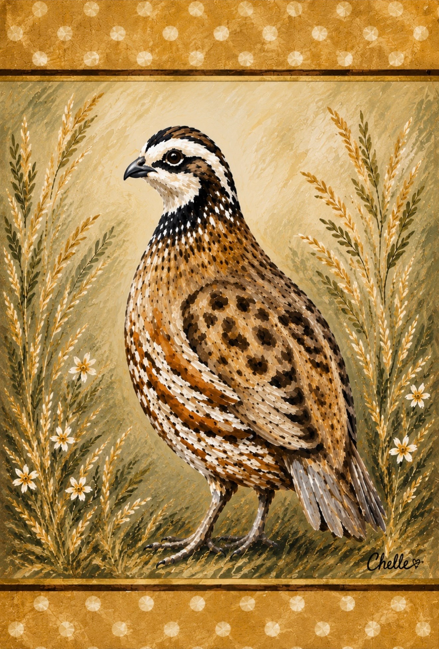 THE HAPPY BUTTERFLY QUAIL ON BROWN AND WHITE DOTS BOARDER