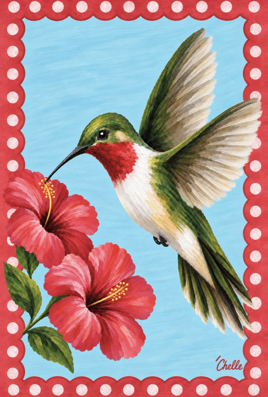 THE HAPPY BUTTERFLY GREEN AND WHITE HUMMING BIRD PINK FLOWERS