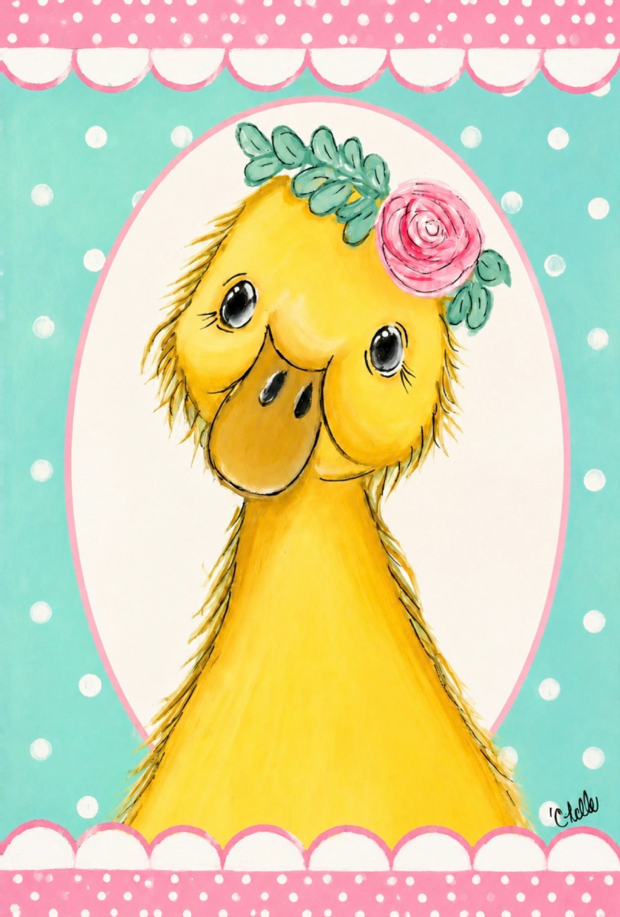 THE HAPPY BUTTERFLY YELLOW DUCK TEAL AND PINK BOARDER PINK FLOWER
