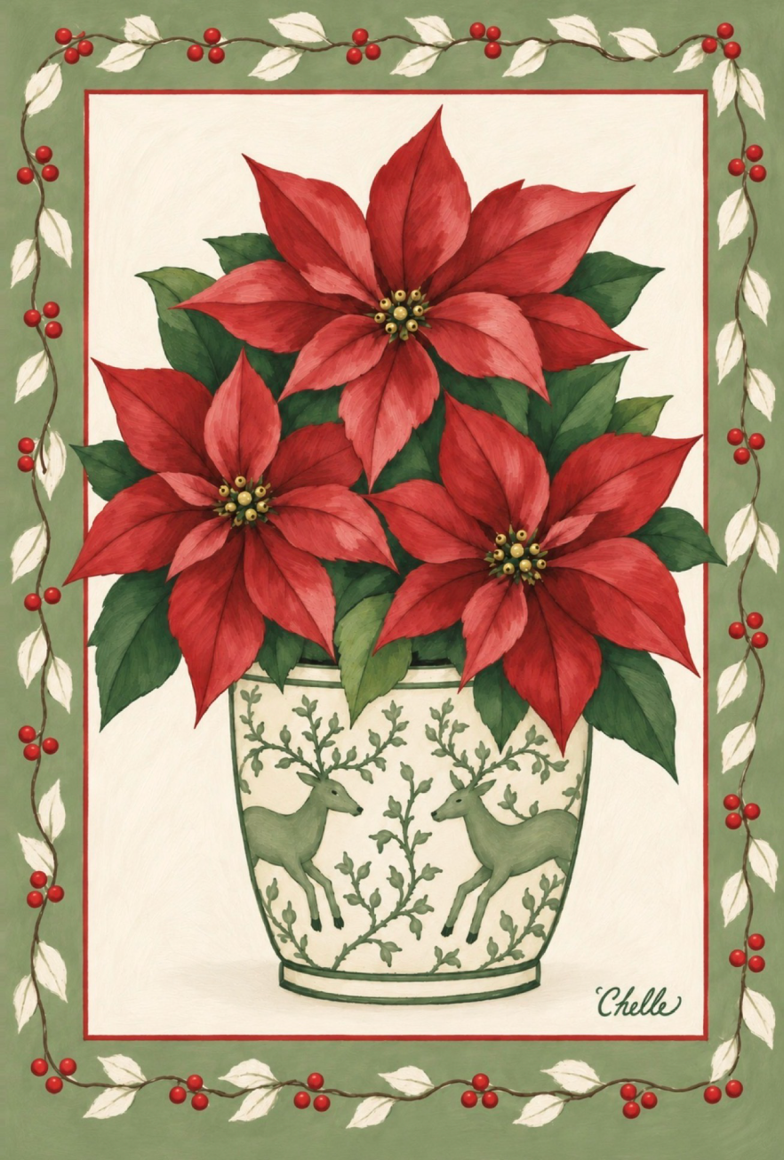 THE HAPPY BUTTERFLY POINSETTIA IN A GREEN WHITE POT WITH REINDEER