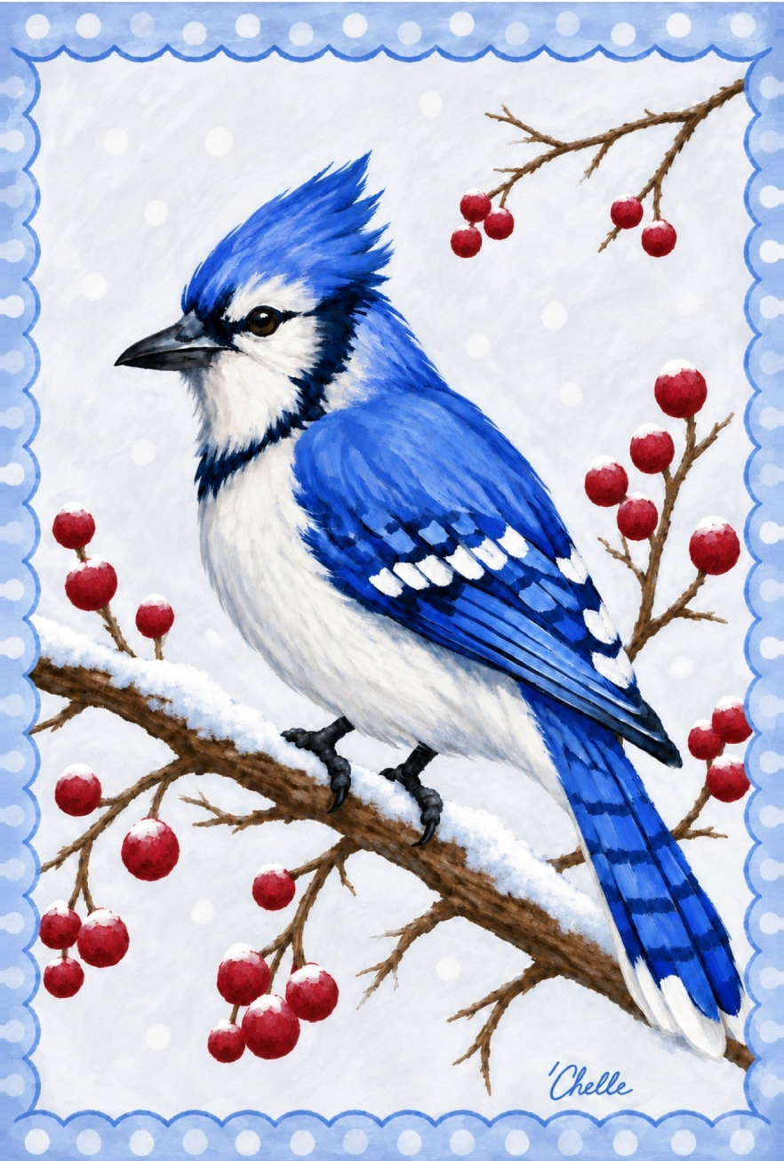 THE HAPPY BUTTERFLY BLUE BIRD ON A SNOW COVERED BRANCH WITH BERRIES