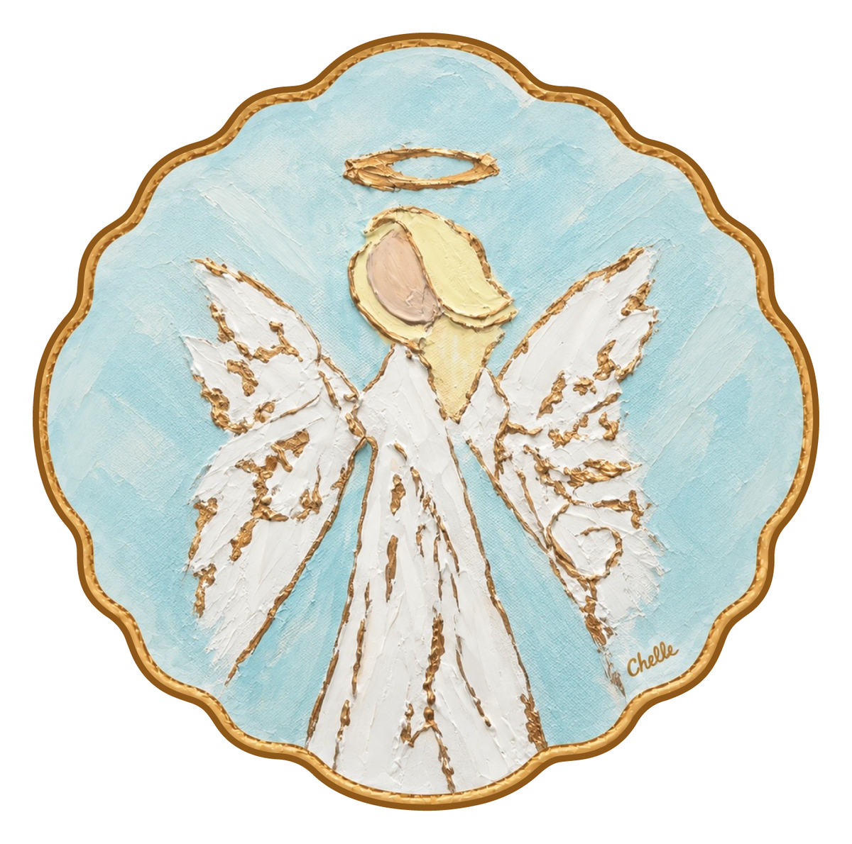 THE HAPPY BUTTERFLY ANGEL WITH BLONDE HAIR BLUE BACKGROUND GOLD OUTLINE