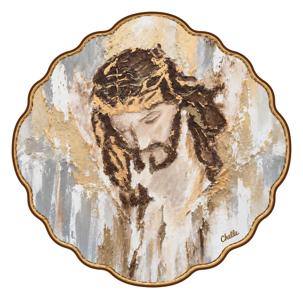 THE HAPPY BUTTERFLY JESUS WITH BROWN HAIR GOLD OUTLINE