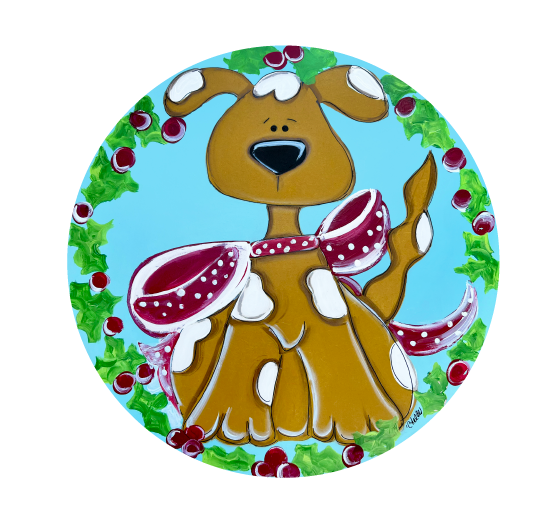THE HAPPY BUTTERFLY DOG WITH RED AND WHITE RIBBON ON CIRCLE