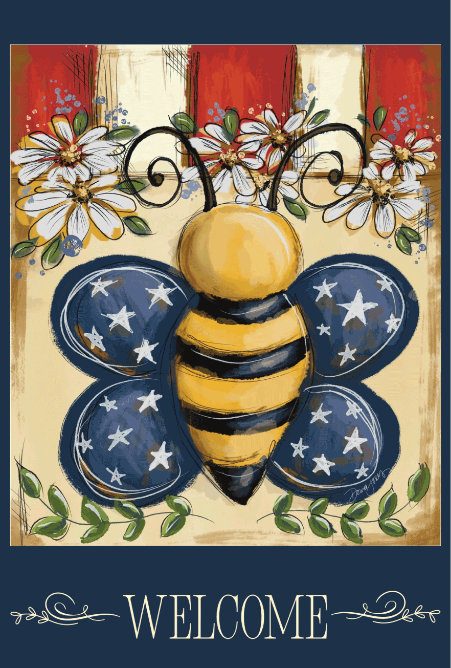 DONNA JONES WELCOME RED WHITE BLUE WITH BUMBLE BEE GARDEN FLAG