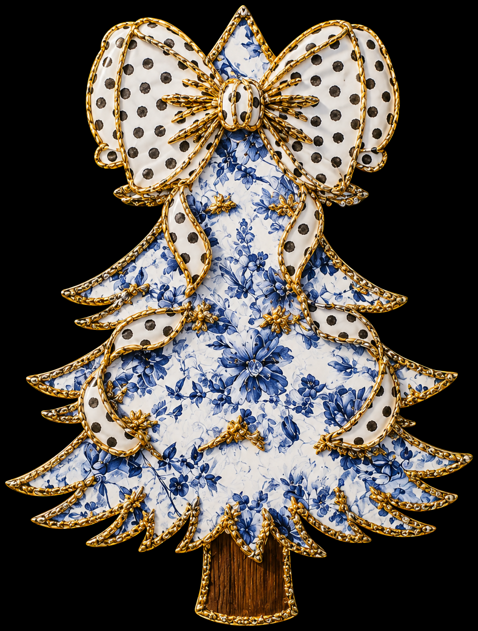 THE WOOD SHED  RIBBON ON A BLUE WHITE TREE WITH GOLD AND WHITE RIBBON