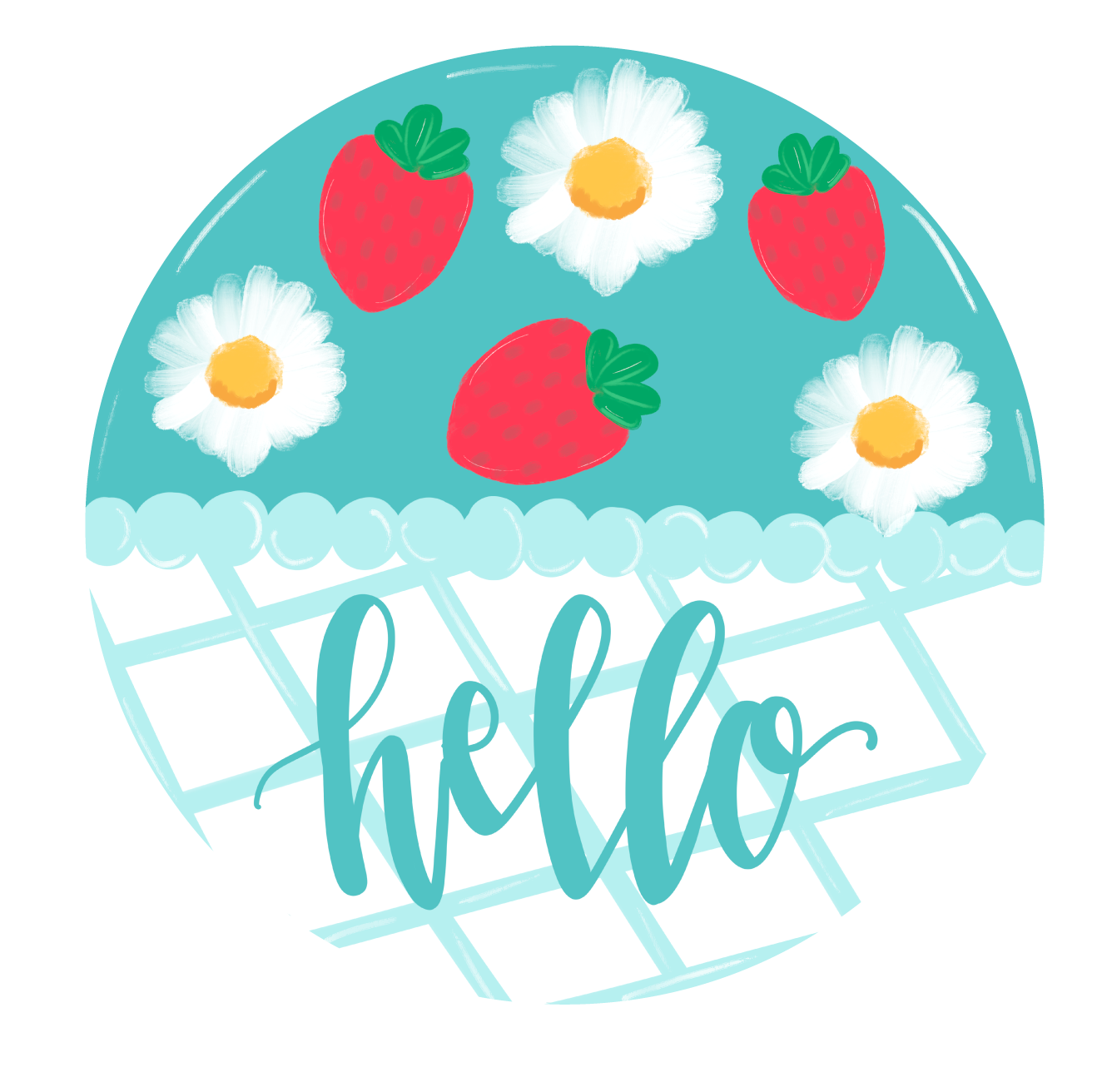THE REDHEADED CAMEL ROUND TEAL HELLO WITH STRAWBERRIES AND DAISYS