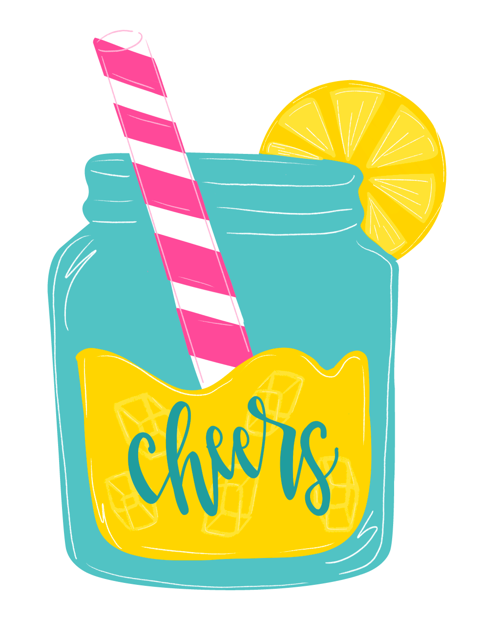 THE REDHEADED CAMEL TEAL JAR WITH YELLOW CHEERS LIME AND PINK WHITE STRAW