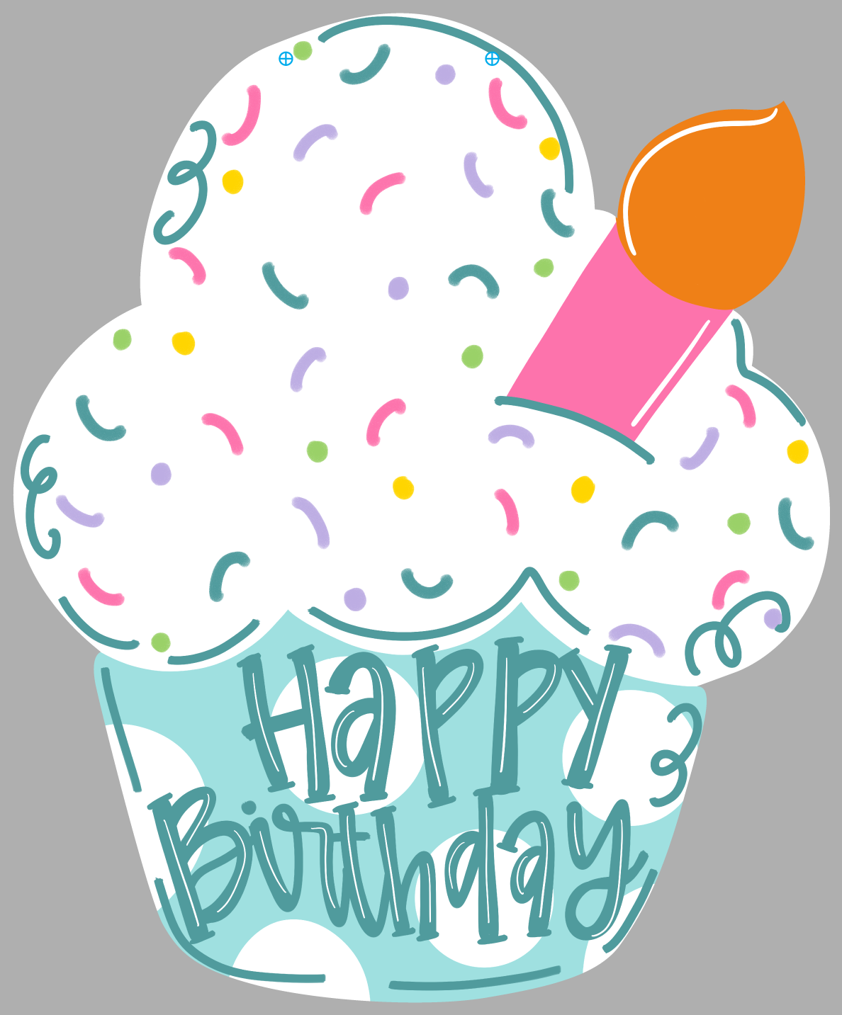 THE REDHEADED CAMEL TEAL LETTERS HAPPY BIRTHDAY WHITE ICING COLOR SPRINKLES  PINK CANDLE ORANGE FLAME