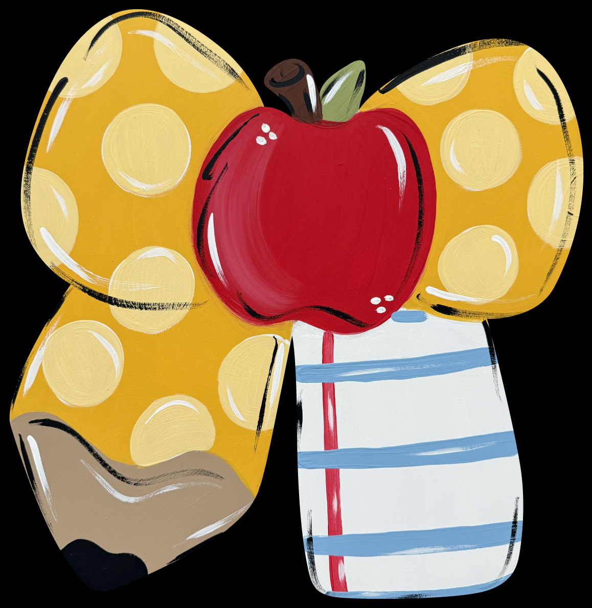 THE REDHEADED CAMEL YELLOW PENCIL MADE INTO A BOW WITH APPLE IN THE MIDDLE AND PAPER