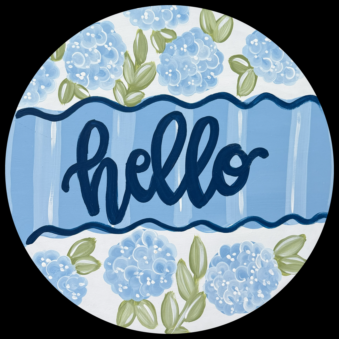 THE REDHEADED CAMEL ROUND BLUE HELLO BLUE FLOWERS GREEN LEAVES